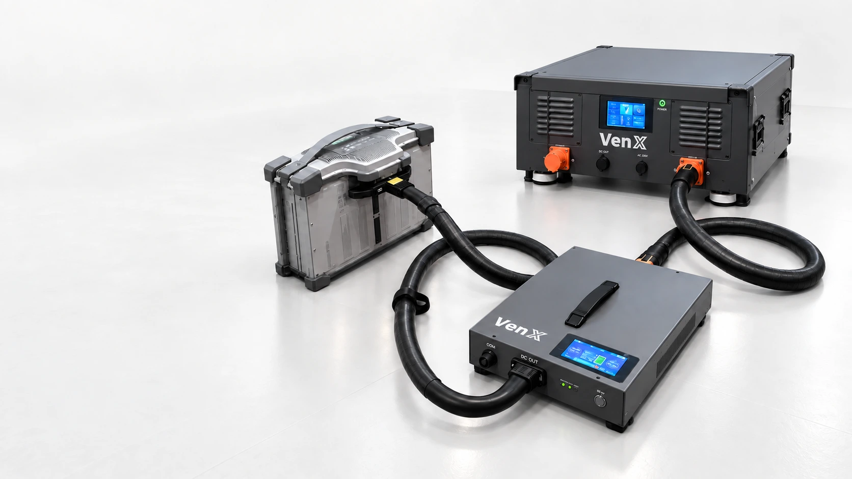 VenX OP-25 and DC-DC charger rapidly charging a DJI T100 agricultural drone battery